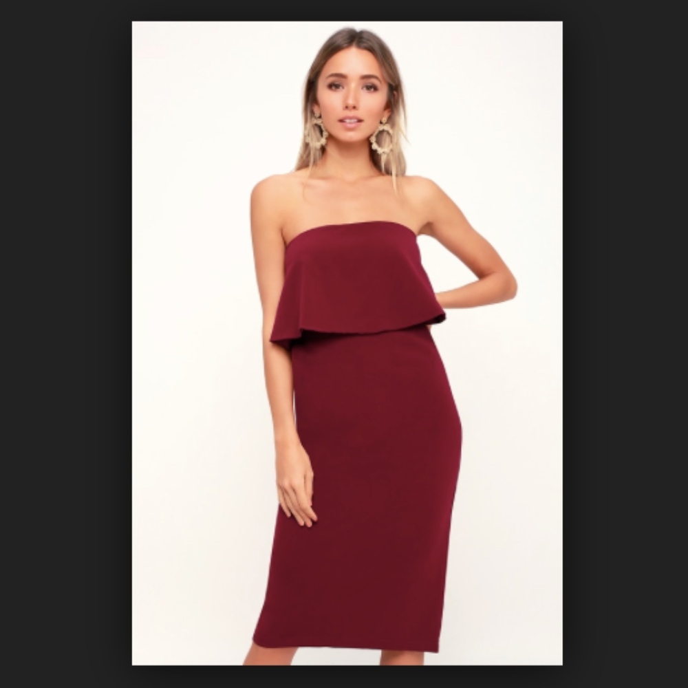 Lots of Love Burgundy Lulus Strapless Midi Dress